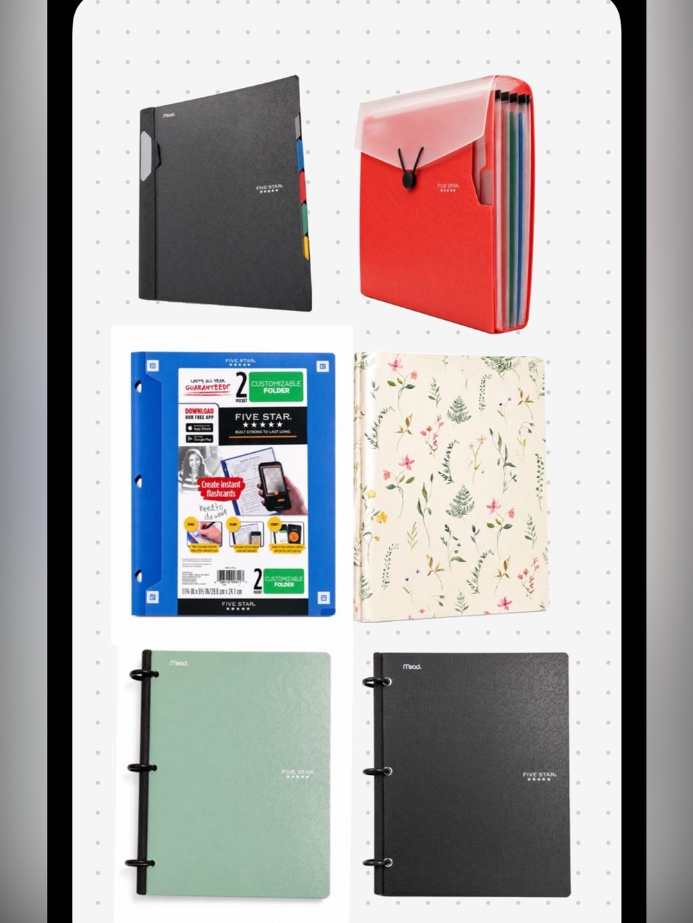 Five Star Assorted Organizer Pack – Black, Red, Blue, Green, Cream Floral